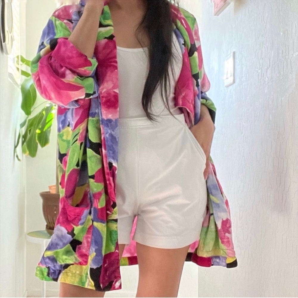 Vintage 80s 90s Lightweight Blazer Watercolor Floral Tropical Statement Piece